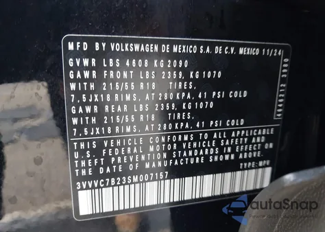 2025 Volkswagen Taos 1.5T Se z USA, uszkodzony, nr VIN 3VVVC7B23SM007157